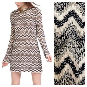 Zara Cream White Black Chevron Crochet Knit Long Sleeve Dress Small